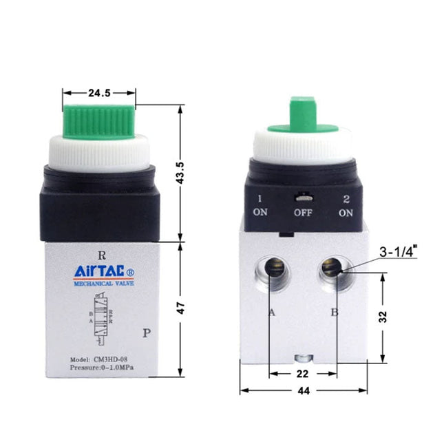 Airtac CM3HD-08: Manual Valve. 5 Way - CM3HD08GT