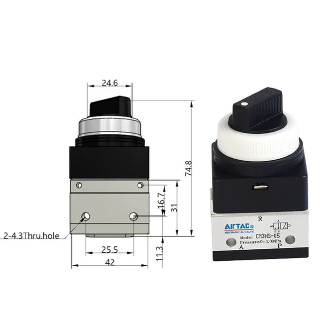 Airtac CM3HS-05: Manual Valve. 3 Way - CM3HS05B