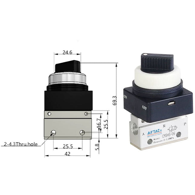 Airtac CM3HS-06: Manual Valve. 3 Way - CM3HS06BT