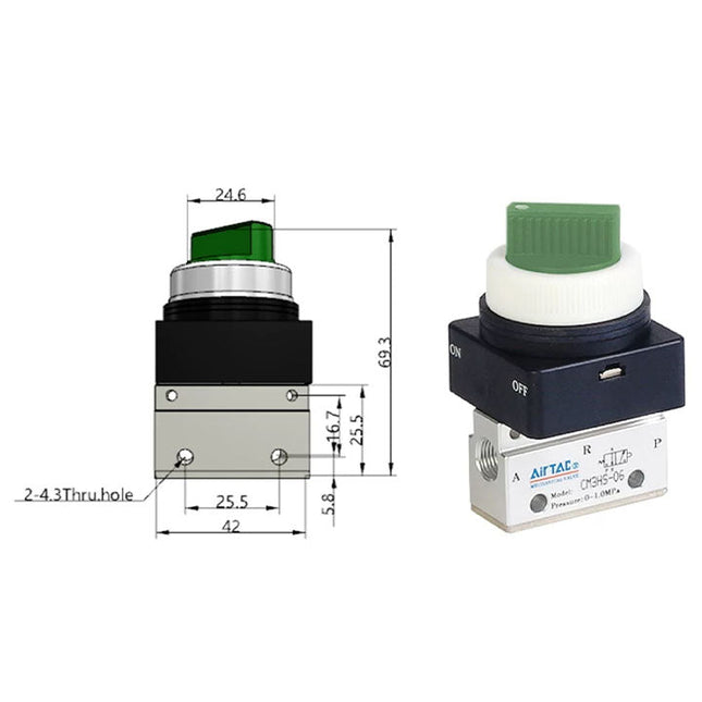 Airtac CM3HS-06: Manual Valve. 3 Way - CM3HS06GT