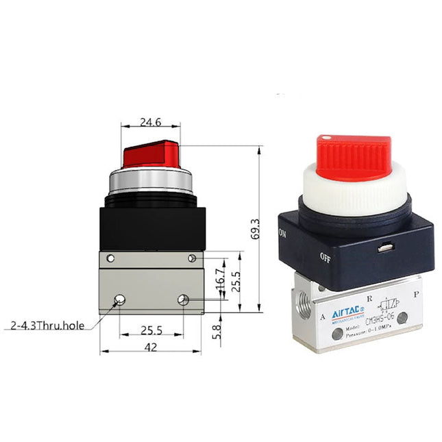 Airtac CM3HS-06: Manual Valve. 3 Way - CM3HS06RT