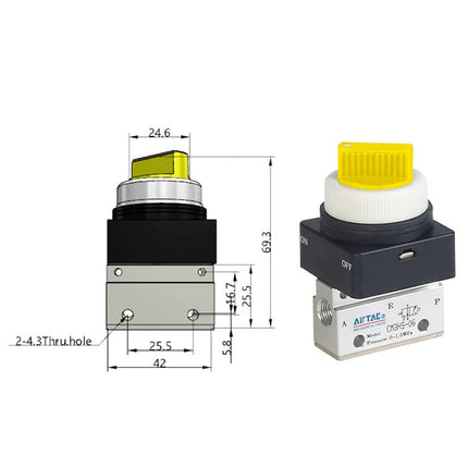 Airtac CM3HS-06: Manual Valve. 3 Way - CM3HS06YG