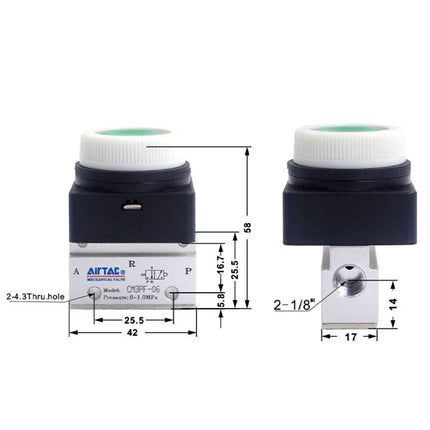 Airtac CM3PF-06: Manual Valve. 3 Way - CM3PF06GT