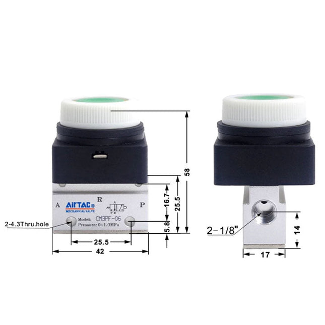 Airtac CM3PF-06: Manual Valve. 3 Way - CM3PF06GT