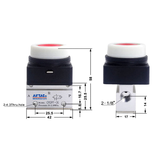 Airtac CM3PF-06: Manual Valve. 3 Way - CM3PF06RT