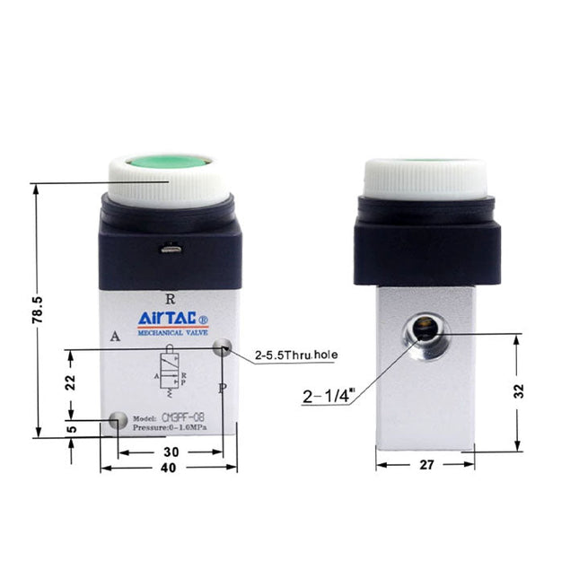 Airtac CM3PF-08: Manual Valve. 3 Way - CM3PF08GT