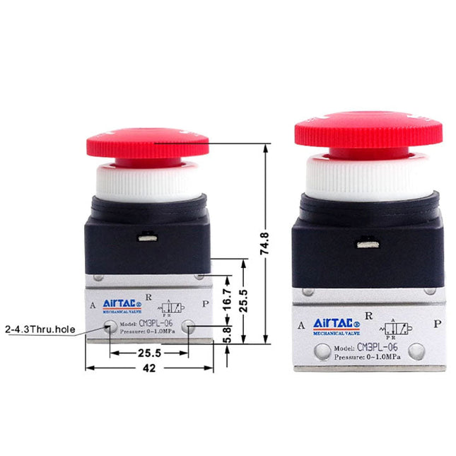 Airtac CM3PL-06: Manual Valve. 3 Way - CM3PL06T