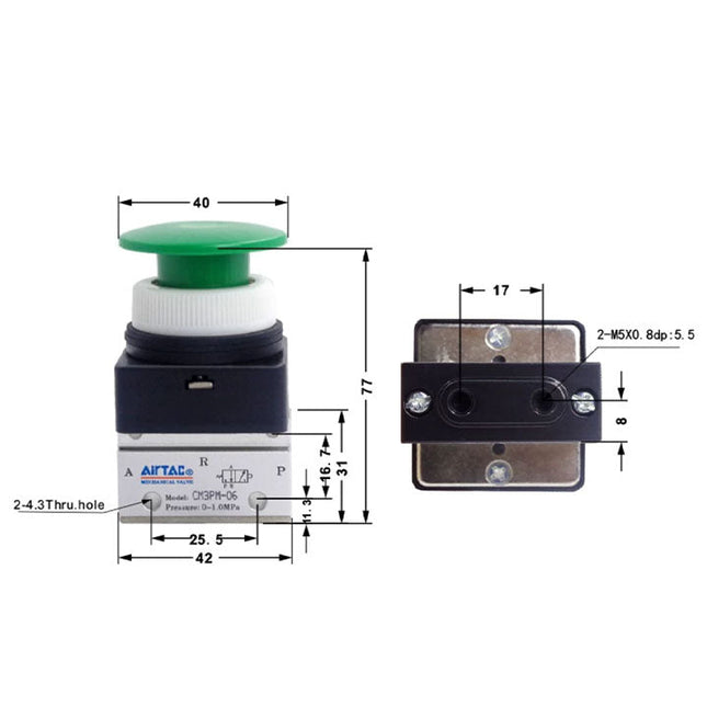 Airtac CM3PM-05: Manual Valve. 3 Way - CM3PM05G