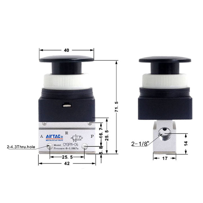 Airtac CM3PM-06: Manual Valve. 3 Way - CM3PM06B