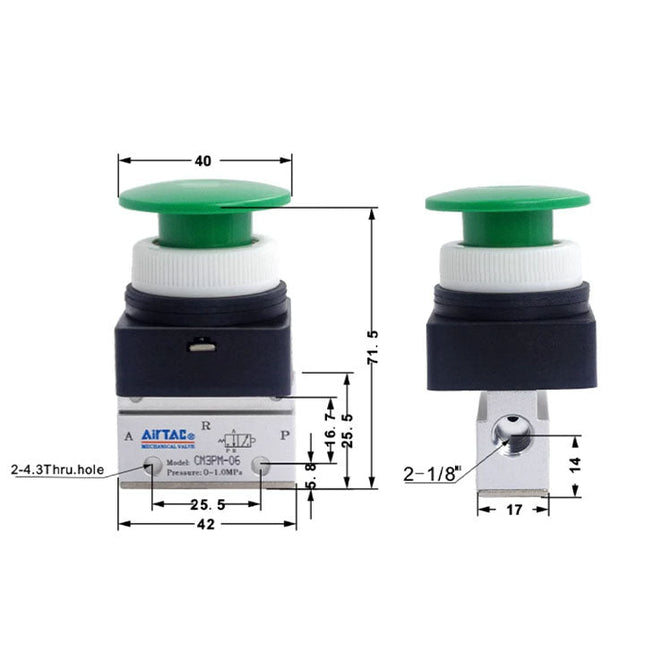 Airtac CM3PM-06: Manual Valve. 3 Way - CM3PM06GT