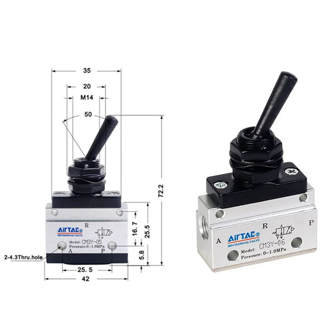 Airtac CM3Y-06: Manual Valve. 3 Way - CM3Y06T
