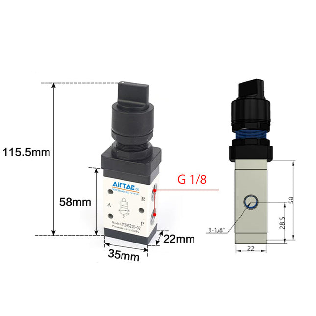 Airtac M3HS210-06: Manual Valve. 3 Way - M3HS21006BG