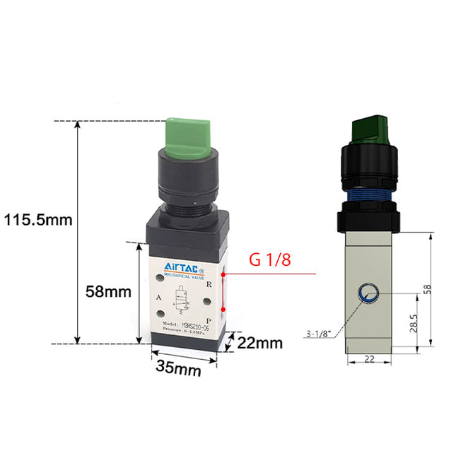 Airtac M3HS210-06: Manual Valve. 3 Way - M3HS21006GG