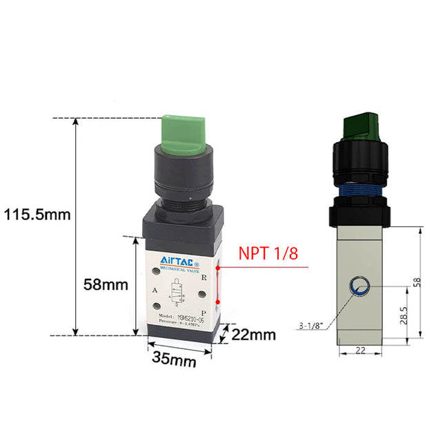 Airtac M3HS210-06: Manual Valve. 3 Way - M3HS21006GT