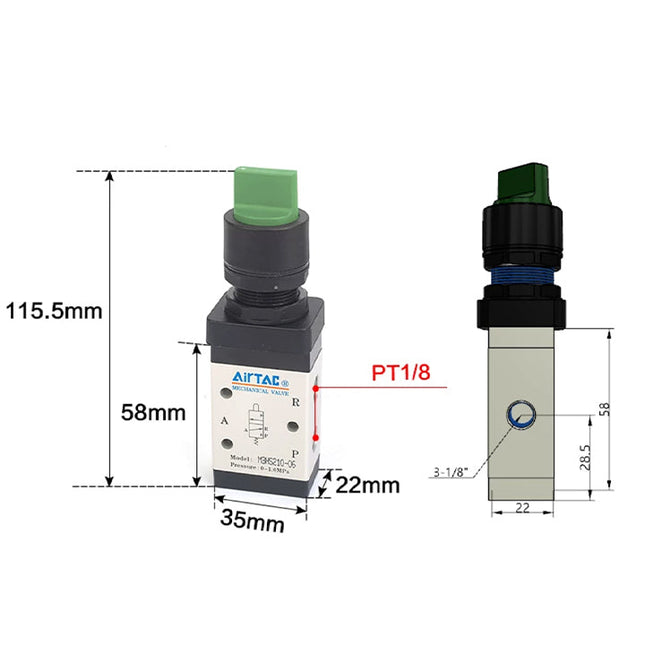 Airtac M3HS210-06: Manual Valve. 3 Way - M3HS21006G