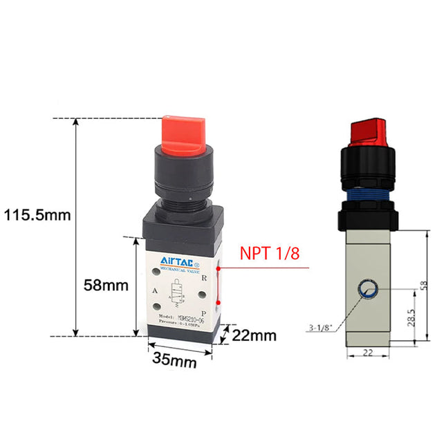 Airtac M3HS210-06: Manual Valve. 3 Way - M3HS21006RT