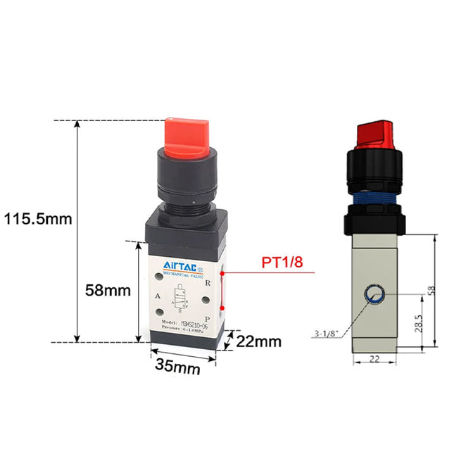 Airtac M3HS210-06: Manual Valve. 3 Way - M3HS21006R