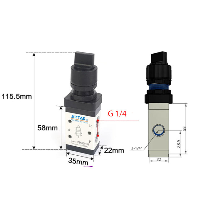 Airtac M3HS210-08: Manual Valve. 3 Way - M3HS21008BG