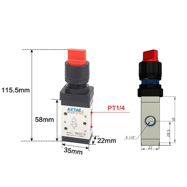 Airtac M3HS210-08: Manual Valve. 3 Way - M3HS21008R