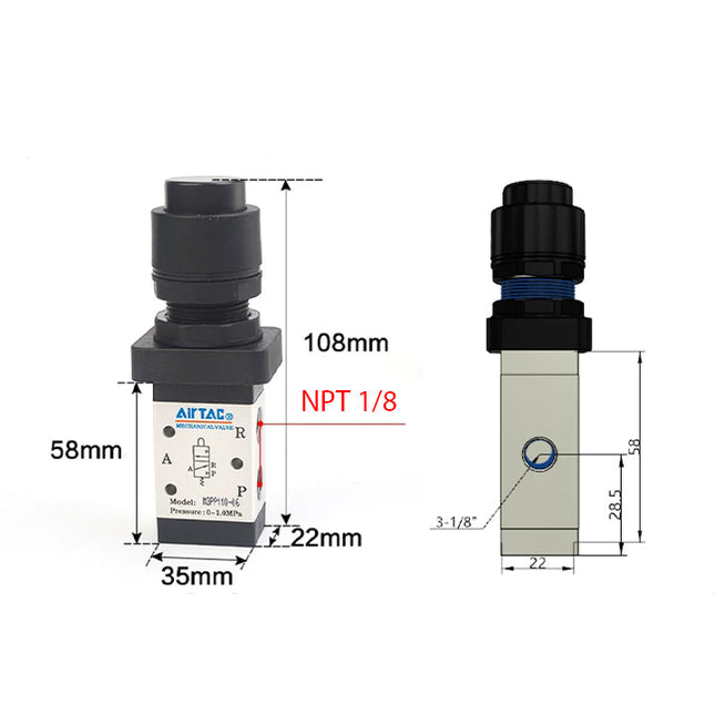 Airtac M3PP110-06: Manual Valve. 3 Way - M3PP21006BT