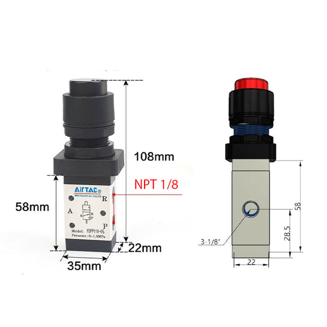 Airtac M3PP110-06: Manual Valve. 3 Way - M3PP21006RT