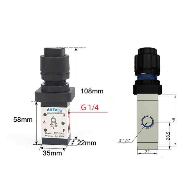 Airtac M3PP110-08: Manual Valve. 3 Way - M3PP21008BG