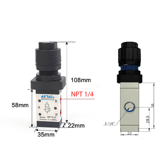 Airtac M3PP110-08: Manual Valve. 3 Way - M3PP21008BT