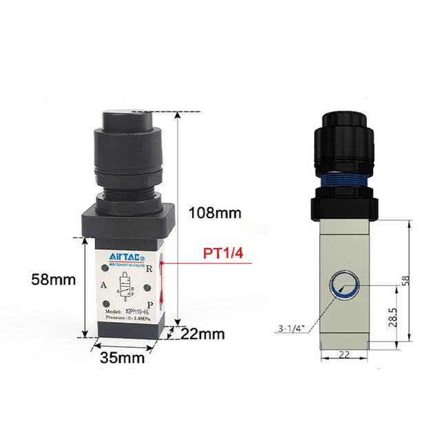 Airtac M3PP110-08: Manual Valve. 3 Way - M3PP21008B