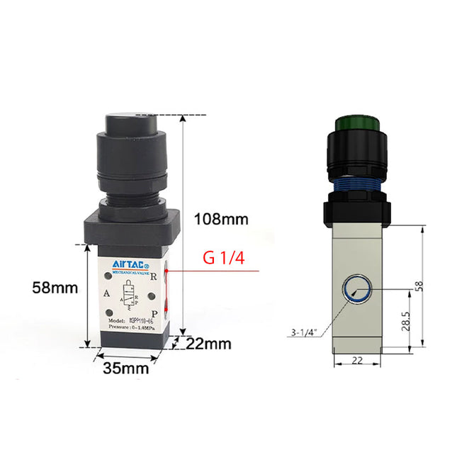 Airtac M3PP110-08: Manual Valve. 3 Way - M3PP21008GG