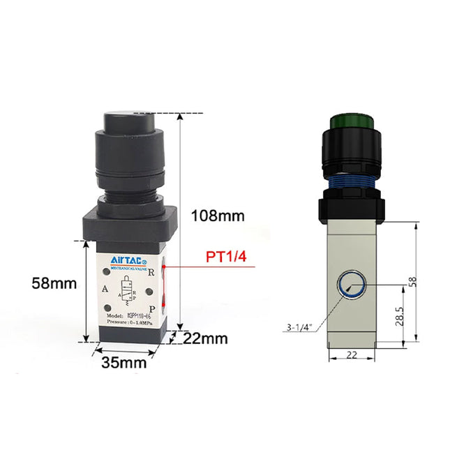 Airtac M3PP110-08: Manual Valve. 3 Way - M3PP21008G