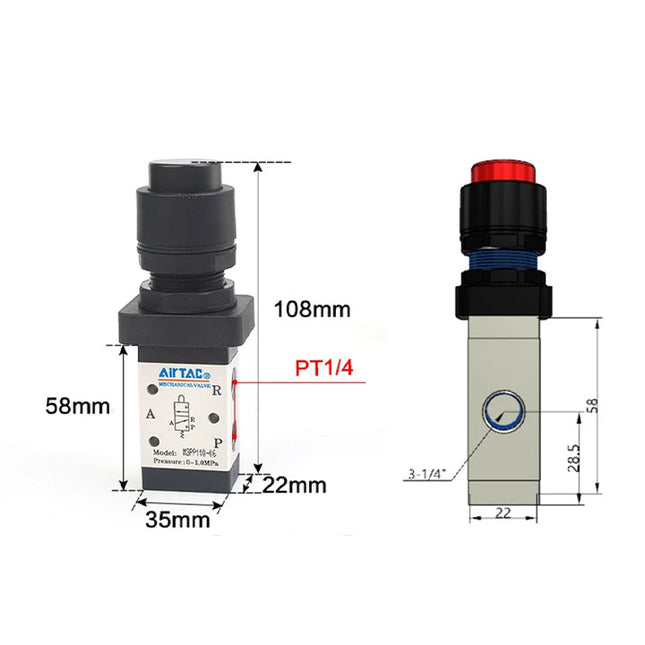 Airtac M3PP110-08: Manual Valve. 3 Way - M3PP21008R