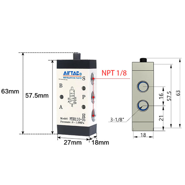 Airtac M5B110-06: Manual Valve. 5 Way - M5B11006T